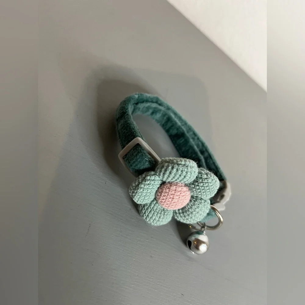 Emerald Green Flower Cat Collar w/ Bell | Soft Velvet Adjustable Breakaway Kitty